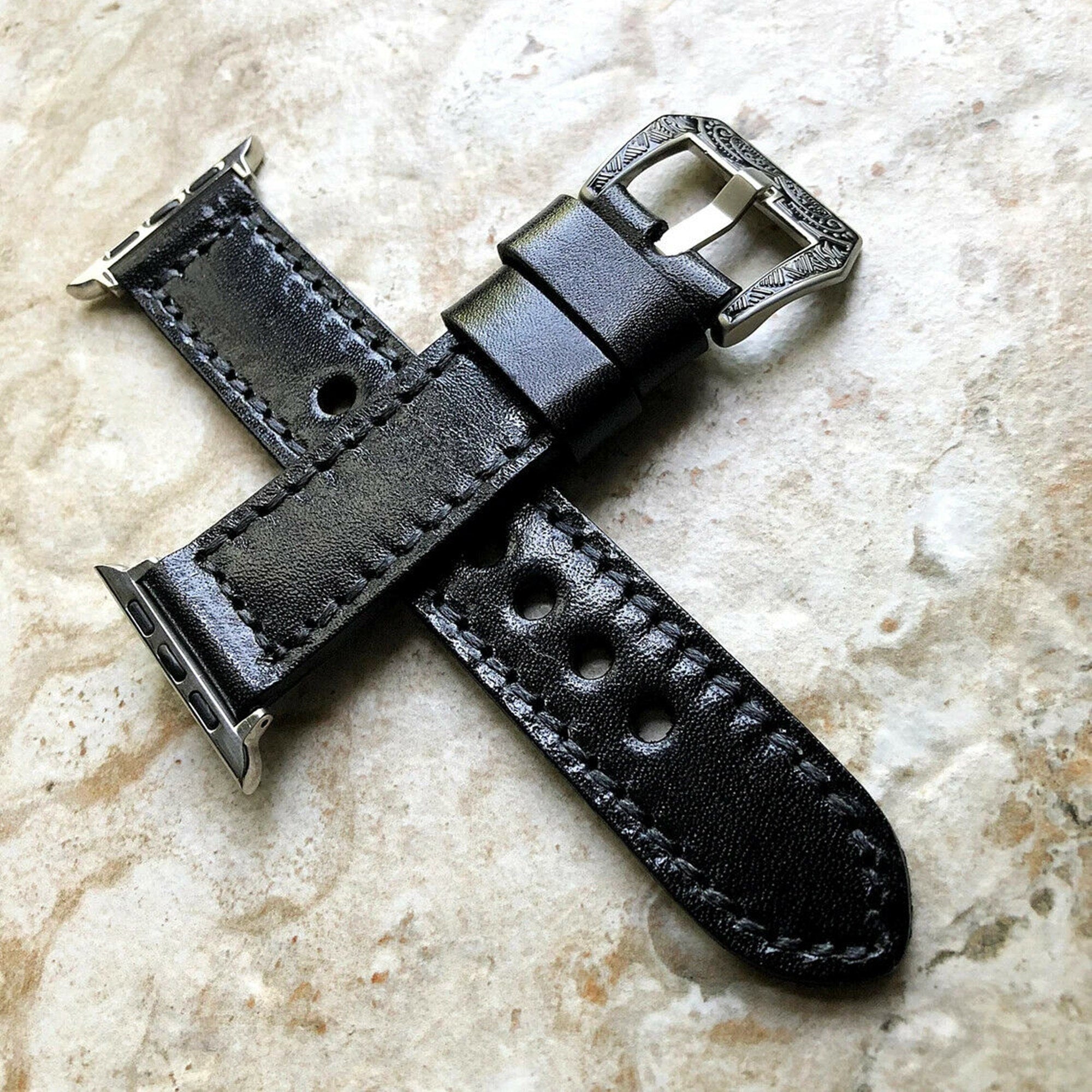 Black Band 22mm 24mm 25mm Leather Handmade Strap Compatible with Apple Watch Ultra 2 9 8 7 SE 6 5 4 3 2 1 Fitbit Versa 2 3 4 Sense 2 Ionic
